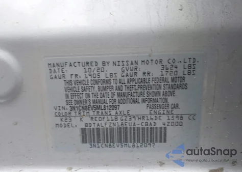 2021 Nissan Versa Sv Xtronic Cvt из США, поврежденный, VIN 3N1CN8EV5ML812097